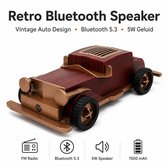 Retro Bluetooth speaker in de vorm van een vintage auto. Van donker hout met gouden accenten. Met FM radio, Bluetooth 5.3, 5W speaker en 1500 mAh batterij.
