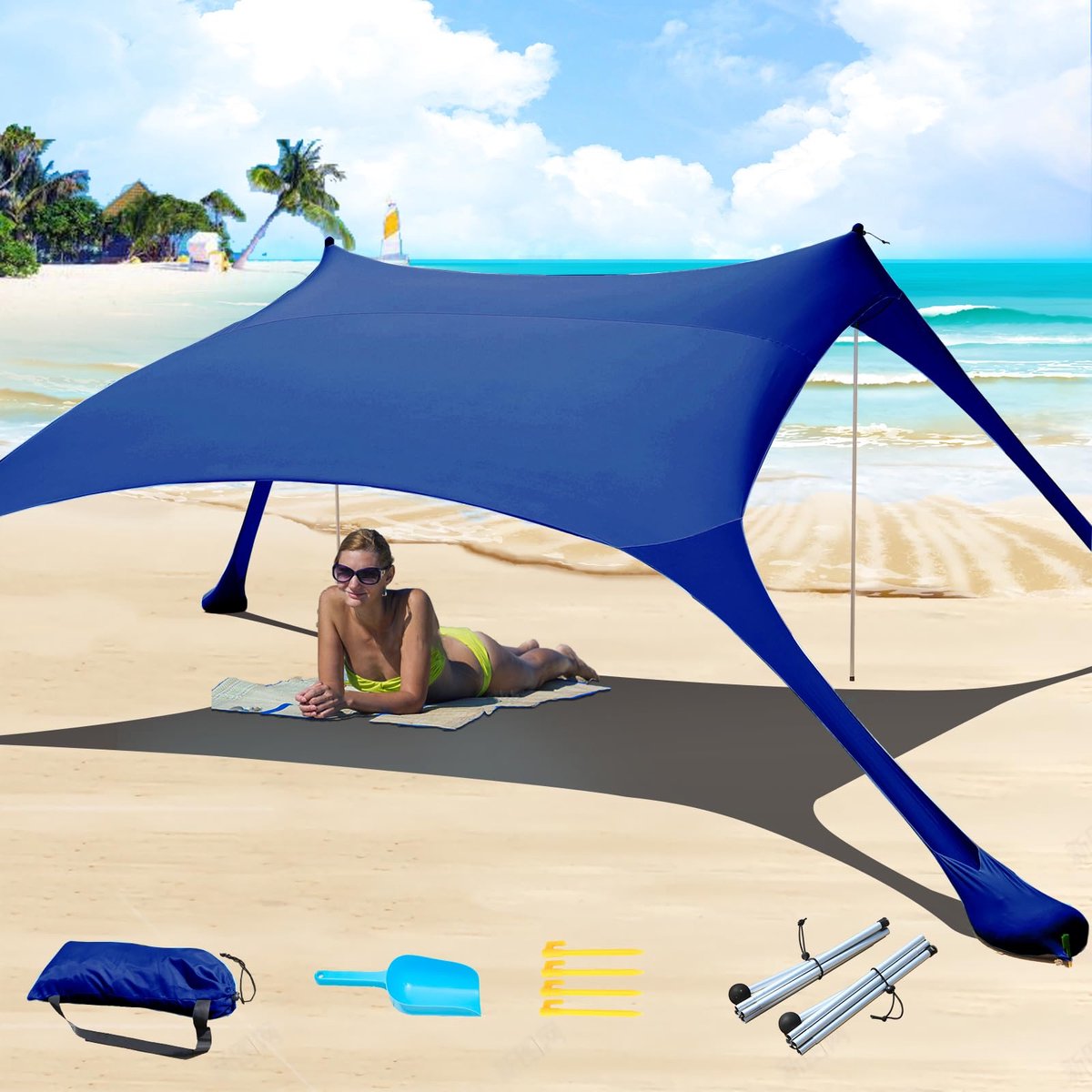 SnelShoppen - Cuupo Strandtent Pop-Up 2x2,1 m, Zonnebescherming LSF 50, Lycra, Anti-wind, Stabiliteitsstaven, Marineblauw voor Buiten, Perfect voor St