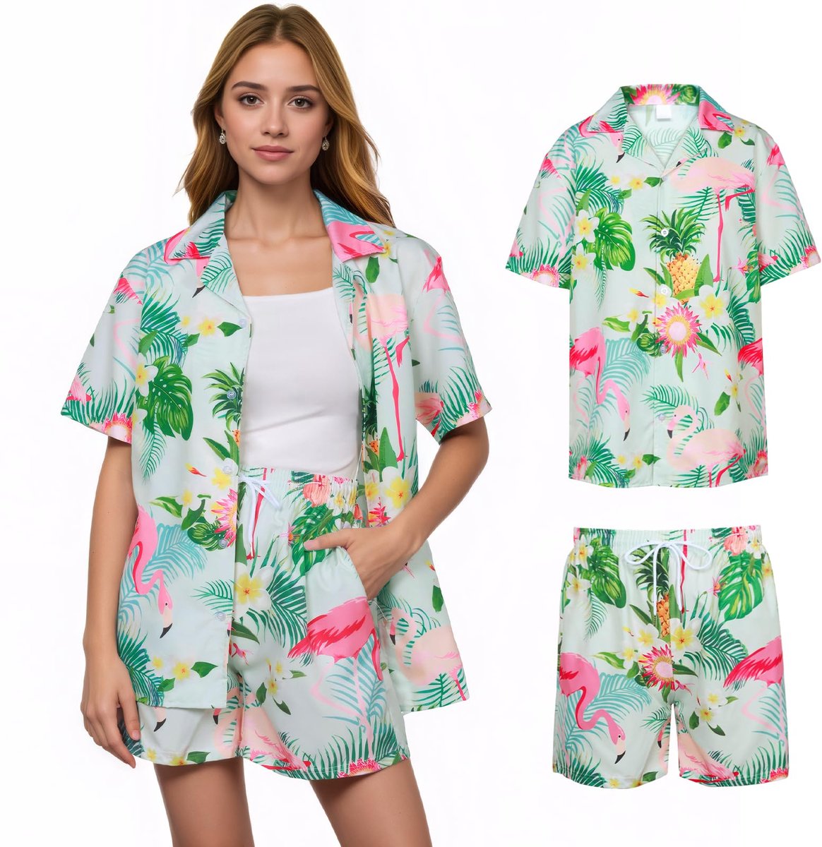 SnelShoppen - Hawaïhemd dames zomer outfit set met tropische bloemenprint, Hawaïhemd met shorts, perfect voor strand, feest en vakantie, stijl 1, maat