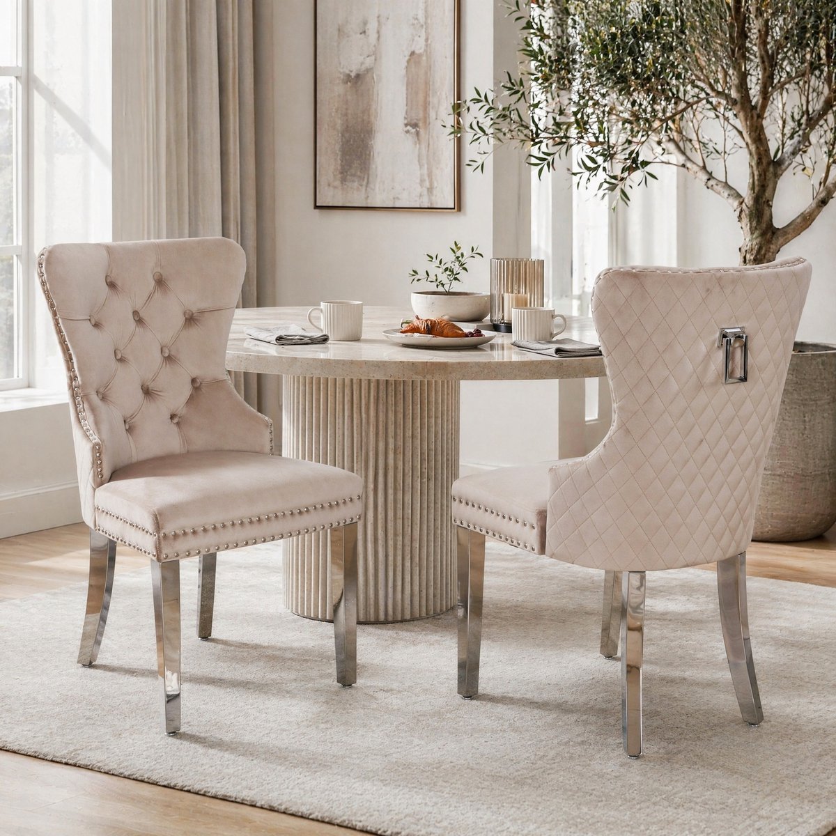 COVREO Eetkamerstoel 53x62,5x94,5 cm - beige velvet, metalen poten, set van 2