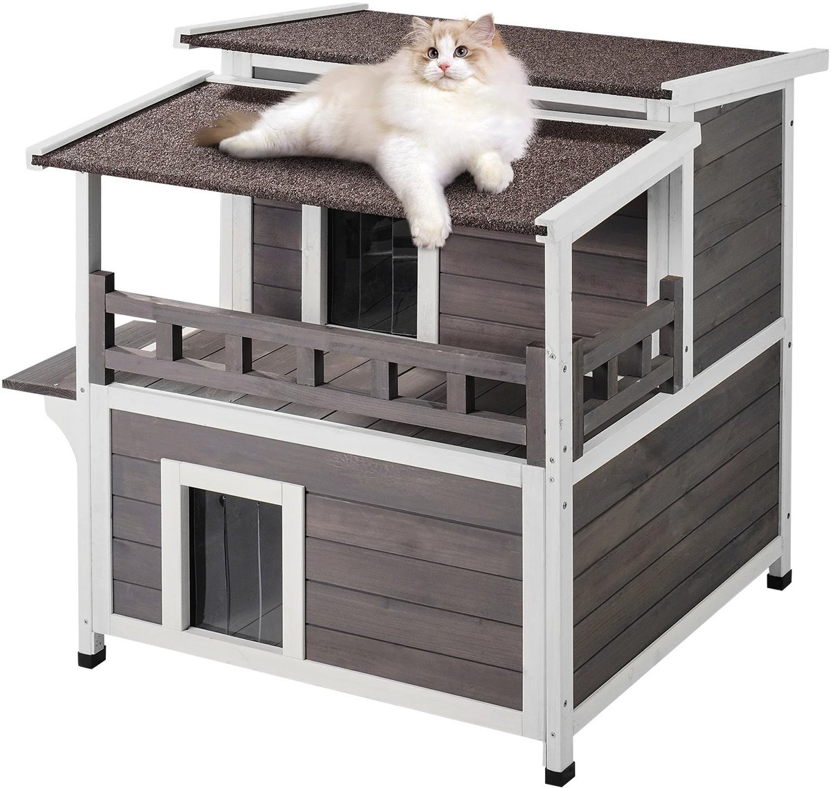Stervia Kattenhuis - Kattenhuis Buiten - 2 Verdiepingen - Waterdicht - Cederhout - Donkergrijs/Wit - 75 x 75 x 82 cm