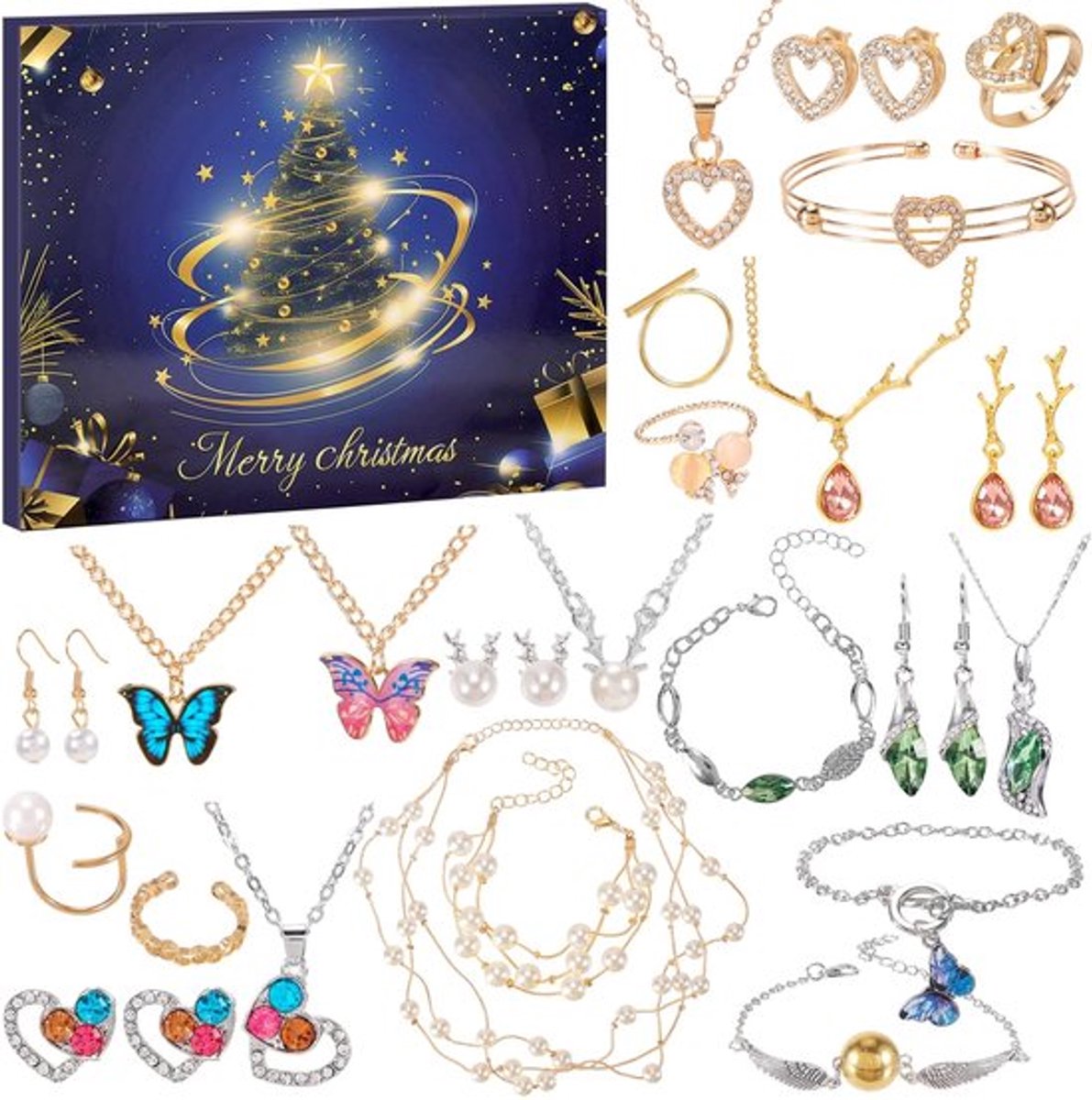 Adventskalender 2025 - Sieraden - 24 Verrassingen - Halsketting/Ring/Oorbellen - Kerstcadeau voor Dames - Aftelkalender Kerstmis - Sieradenkalender