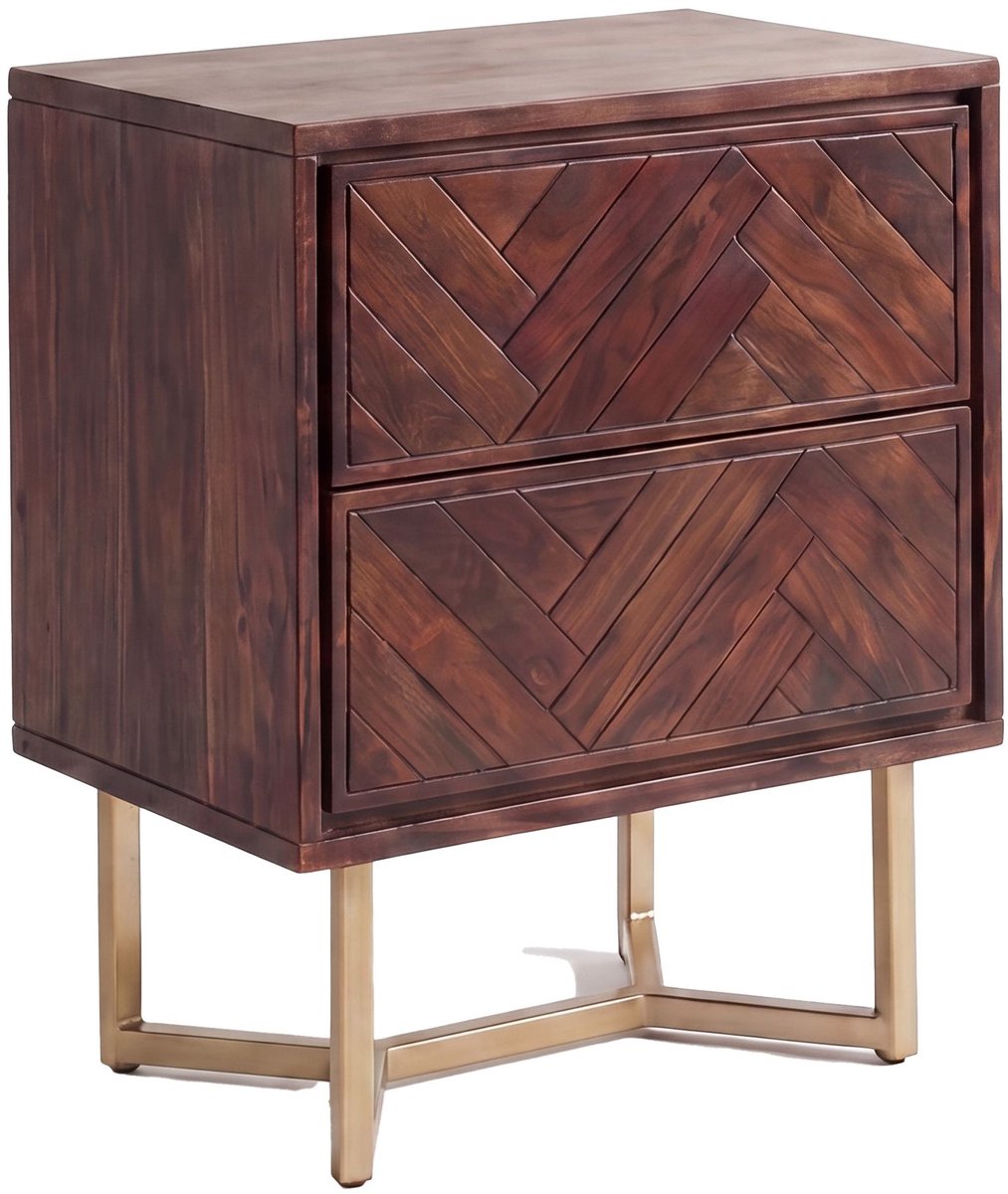 Ervesto Nachtkastje - Acacia Massief Hout 45x40x57 Cm - Industriële Nachtkast - Hout Donkerbruin Met Goudkleurig Metalen Frame - 2 Lades - Handgemaakt - Voor Boxspringbed