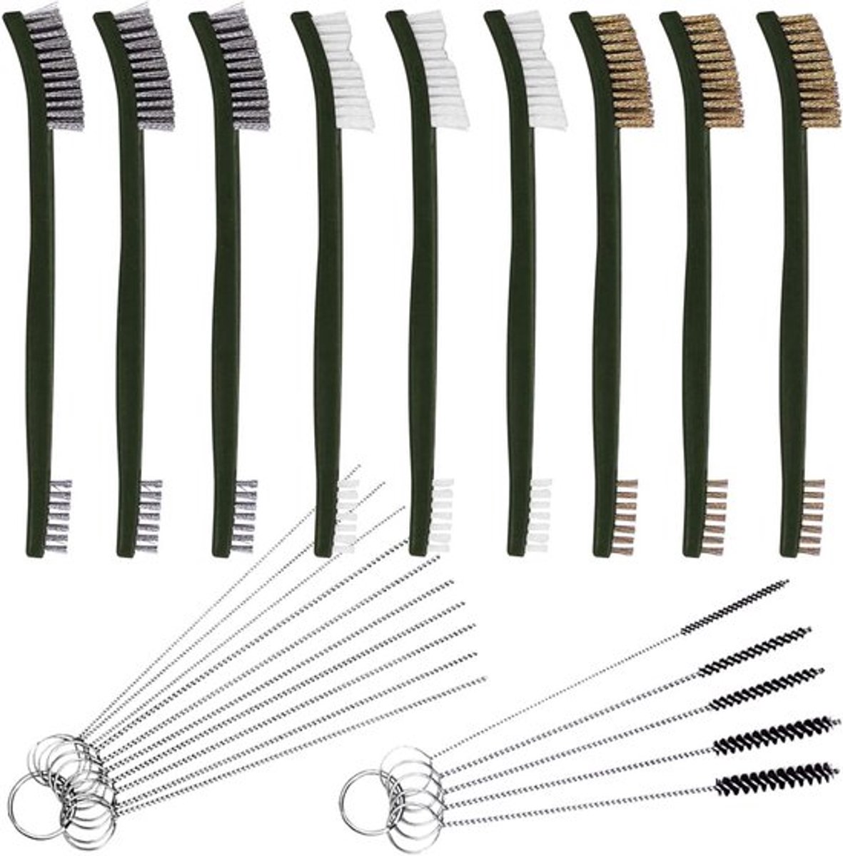 Set van 9 metalen borstels voor carburateurreiniging - messing, staal, nylon - handige set met diverse borstels