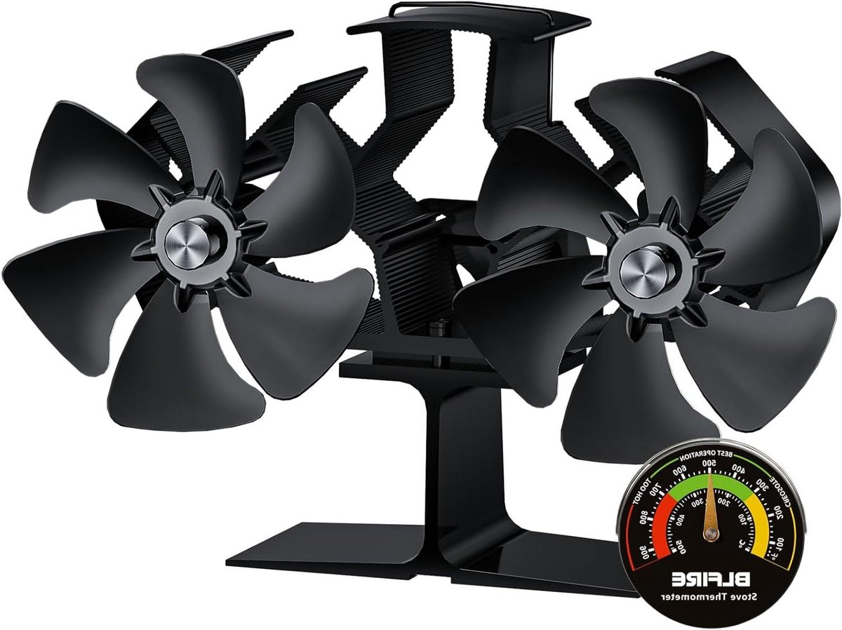 Houtkachel Ventilator - Warmte Aangedreven Ventilator - Verwarmen Kamer - Dubbele Motor - 12 Bladen - Zwart