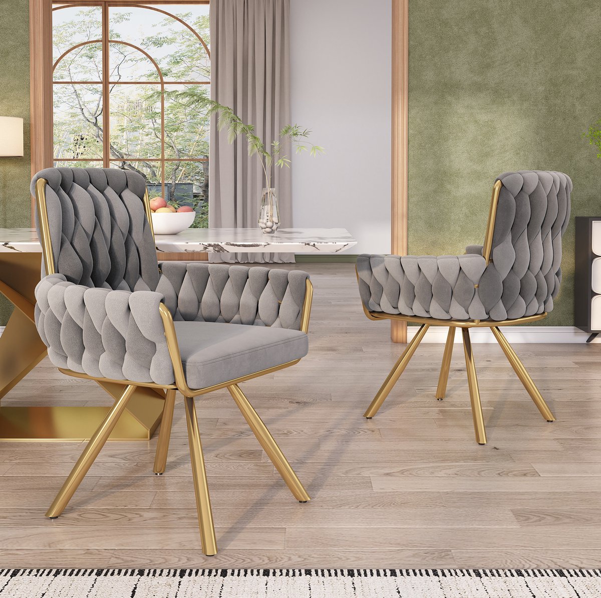 COVREO Eetkamerstoel 87 cm – grijs fluweel, met armleuningen, draaibaar, set van 2
