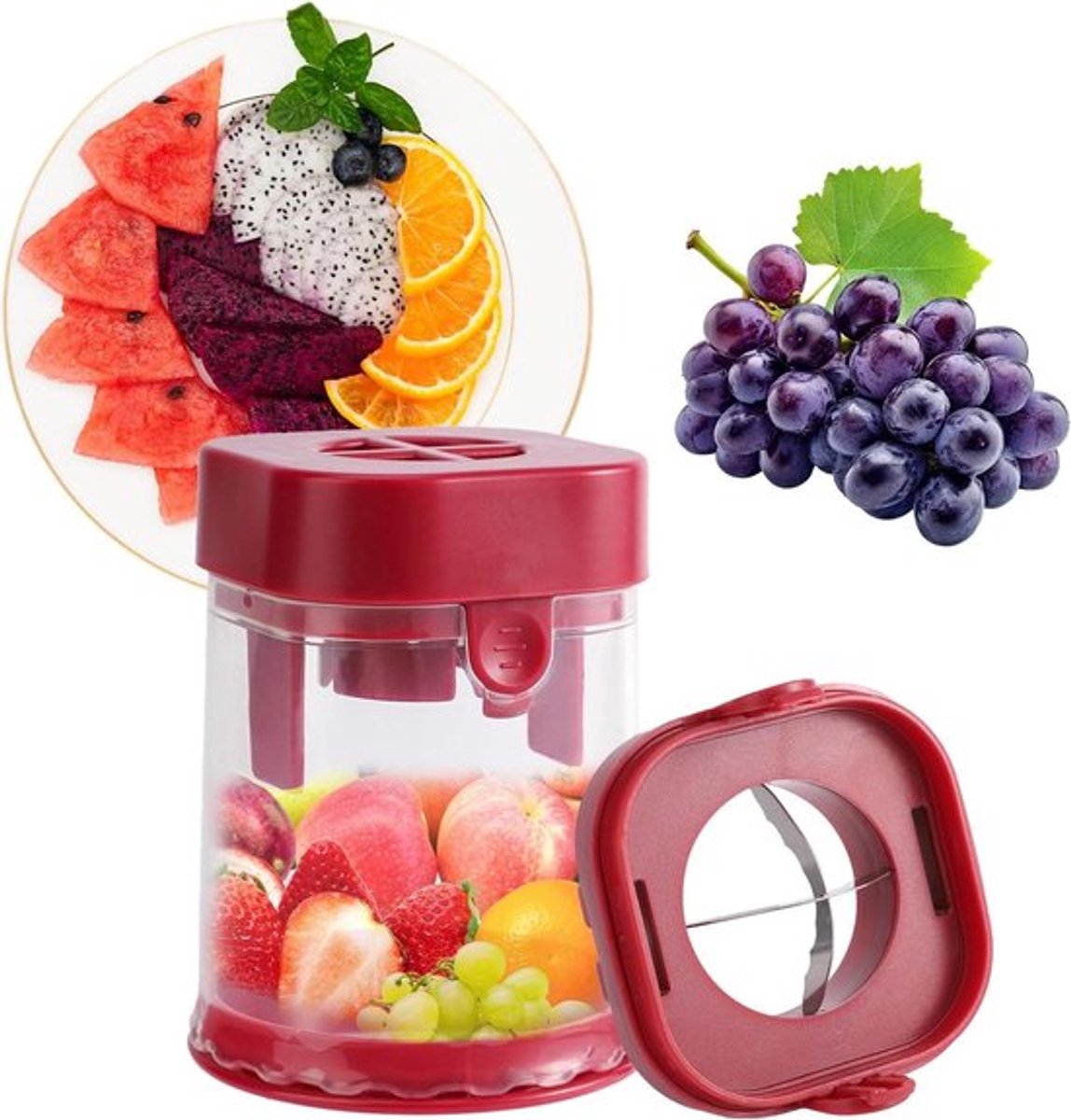 Fruitsnijder voor in de keuken - Aardbei en Druif - Premium Snijder - Verwijderbaar Mesnet - ABS en Roestvrij Staal - Bekersnijder - Voor Fruit en Groenten - Keukengadgets - Handige Gadget met 120 tekens.
