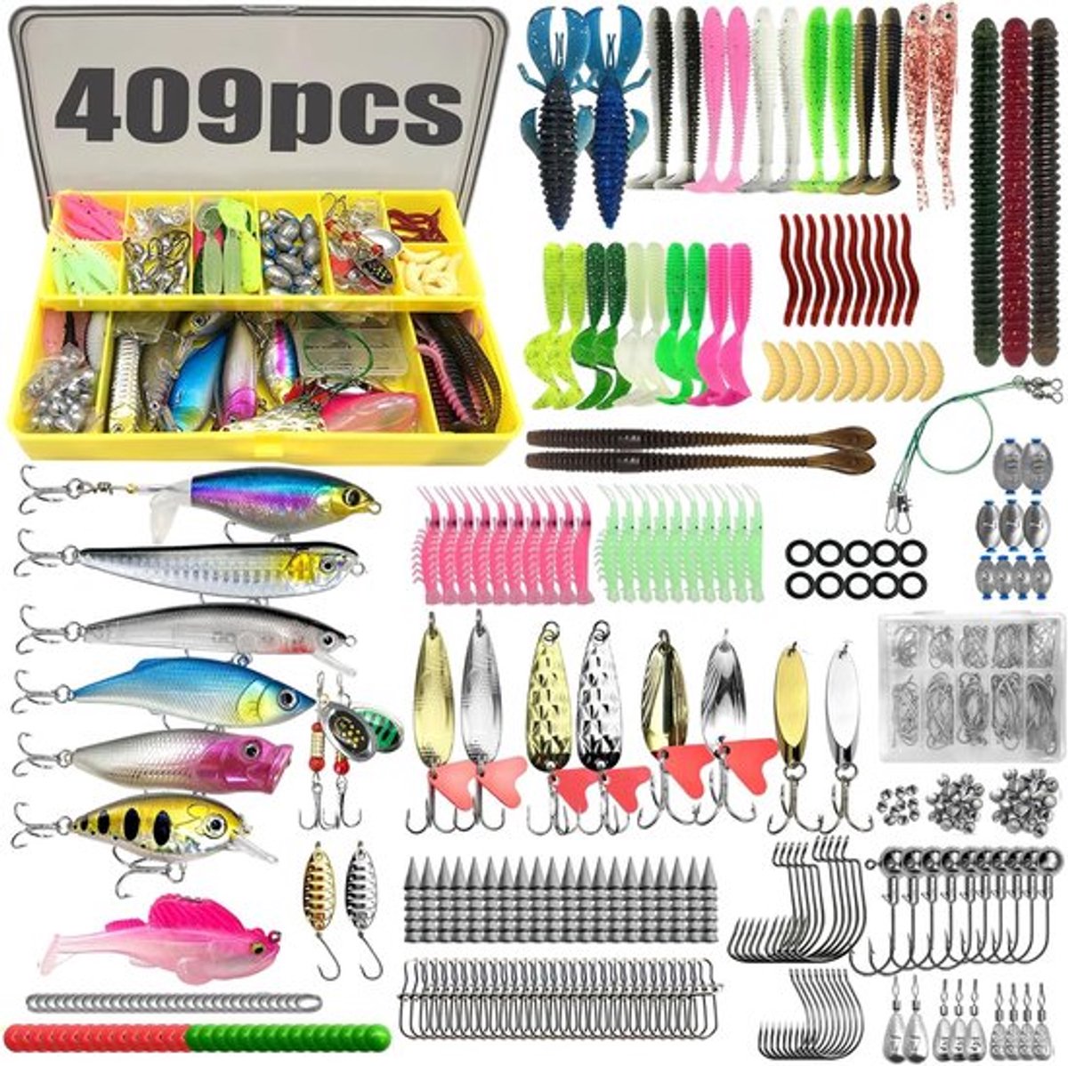 Thijox - 409-delige hengelaccessoireset - Draagbare dubbellaagse viskoffer met aasdoos, vishaken, jigkoppen, knipperlichten, forelaas en meer - Perfec