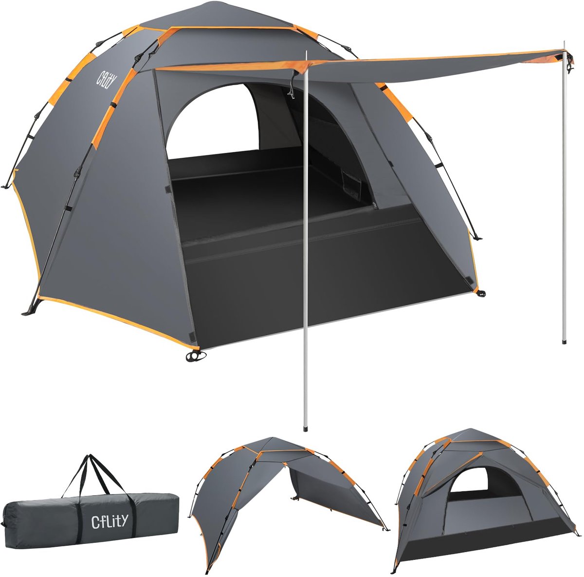 SnelShoppen - Cflity Campingtent 3-persoons Pop-Up Tent Automatische Waterdichte 4-seizoens Koepeltent met Grote Vloermat en Afneembare Regendoek voor