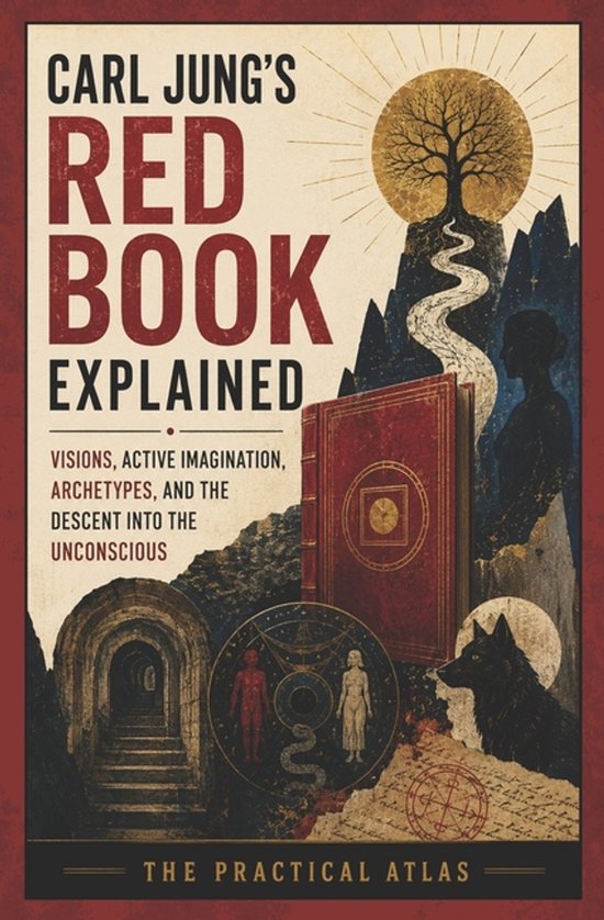 Boek kaft: 'Carl Jung's Red Book Explained'. Rode letters op beige achtergrond, met afbeeldingen van een boom op een berg, een rode boek, een grot en een wolf.
