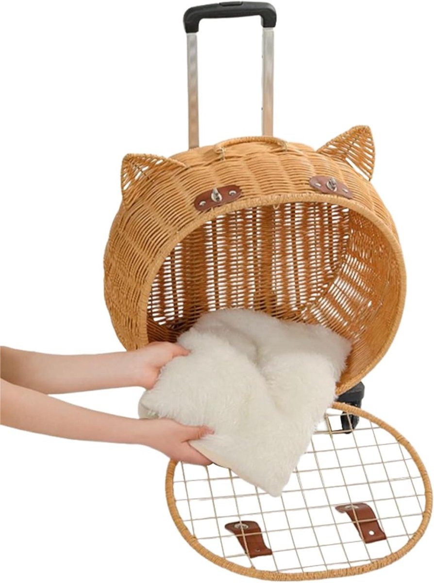 Huisdierwagen Rotan - Hondenkar Kattenvervoerder - Dagelijkse Uitjes - Ademend Ruimteconcept - 45 x 30 x 48 cm - Natuurlijke Kleuren