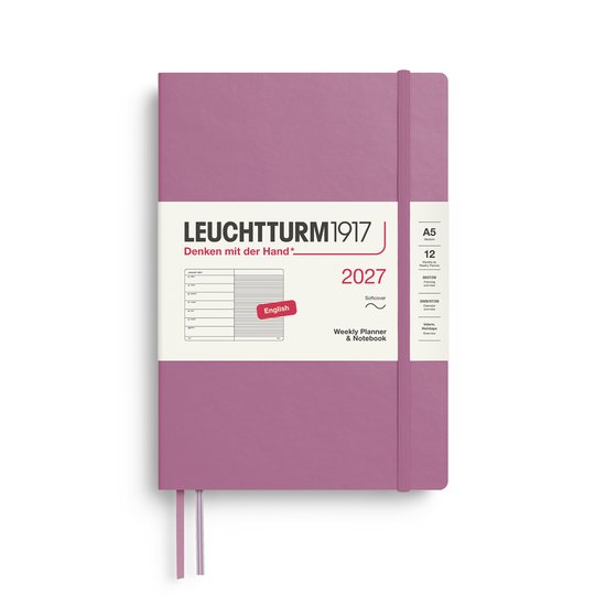 Leuchtturm1917 A5 softcover planner, dusty rose, met elastische sluiting en bladwijzer. Voorzijde toont '2027 Weekly Planner & Notebook'.