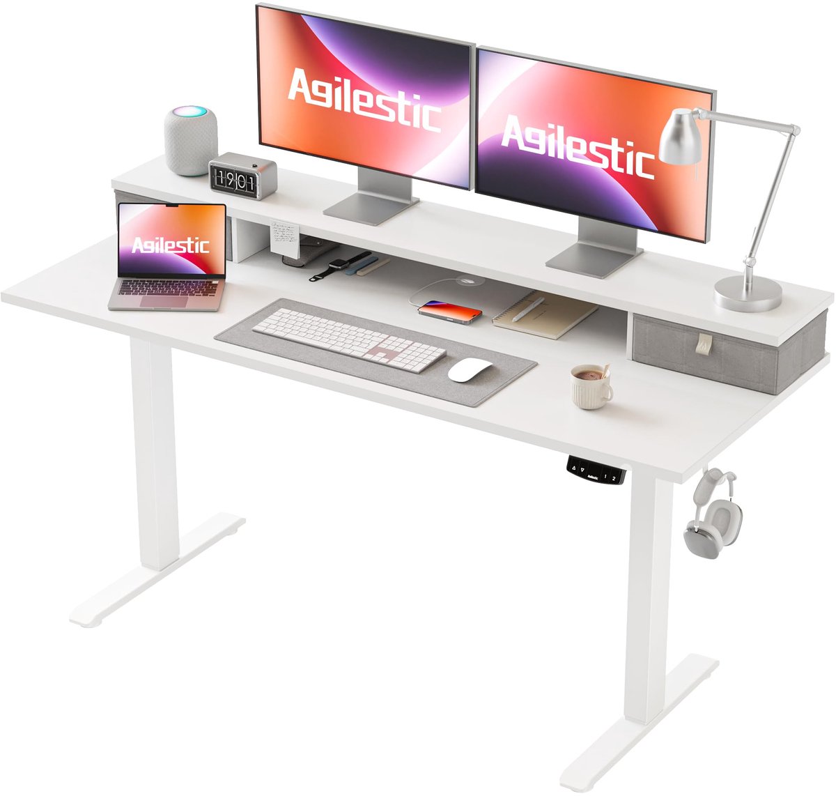 SnelShoppen - In hoogte verstelbaar bureau elektrisch met 2 laden, 140 x 60 cm, ergonomische sta-zittafel, computertafel, wit, stabiel bureau voor thu