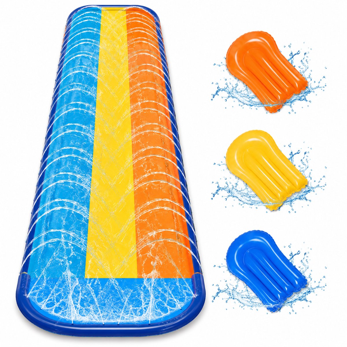 DPLUNIQ Waterglijbaan - Waterbaan - Buikschuifbaan - Waterslide - 3 Banen - Incl. 3 Boards - 685x244cm - PVC - Blauw/Geel/Oranje
