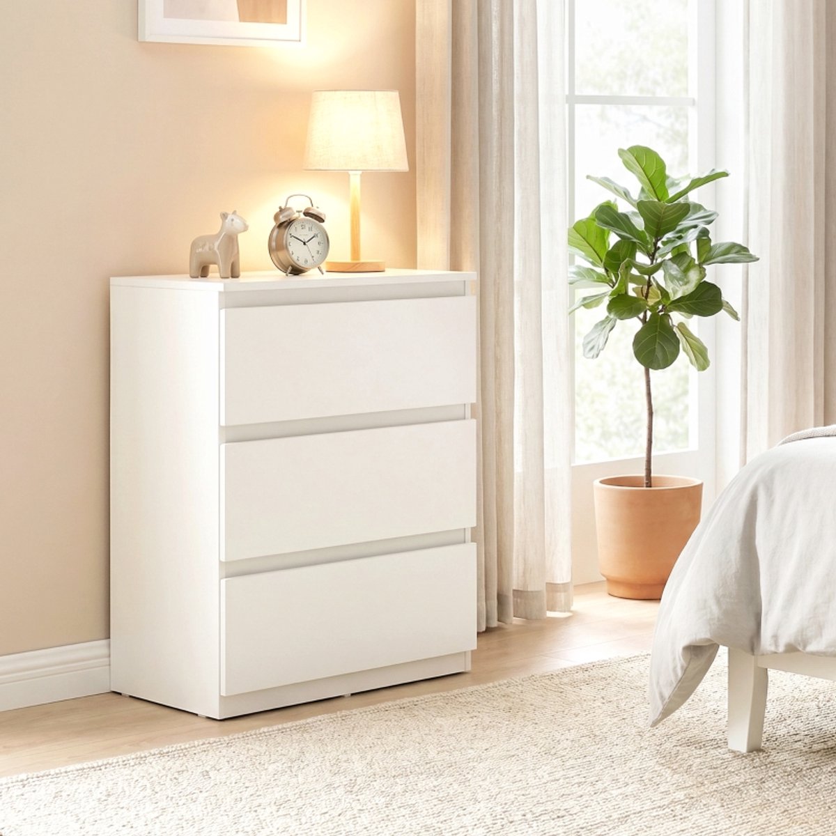OKWISH Ladekast - 3 Lades - Grifloos - Minimalistische Opbergkast Voor Slaapkamer - Wit - Spaanplaat - 75x55x34 Cm