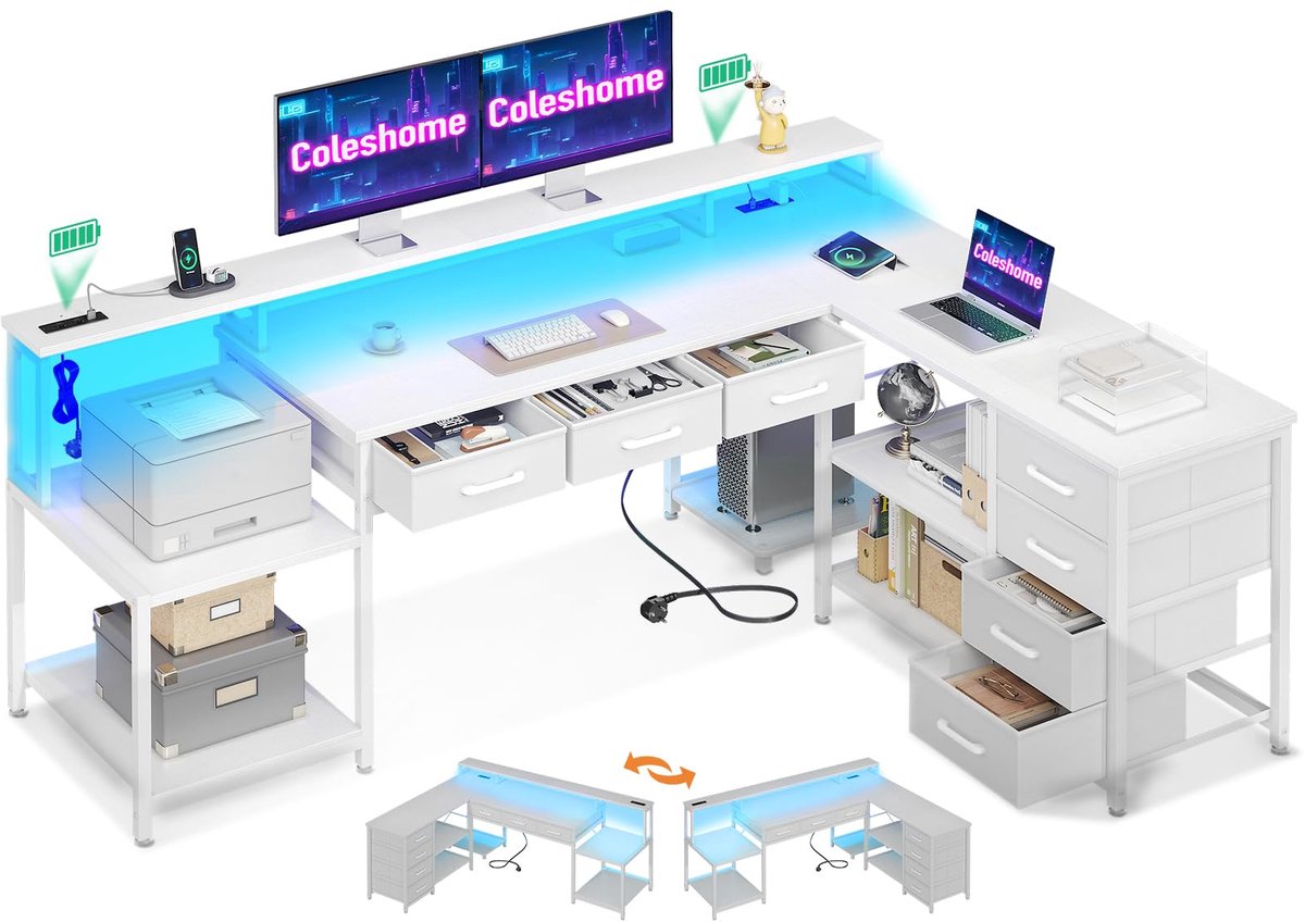SnelShoppen - Coleshome Gamebureau met RGB LED-verlichting, Hoekbureau 179.5×135.5cm, 7 Lades, Ruime Opslagruimte, Reversibel L-vormig Bureau met 2 St