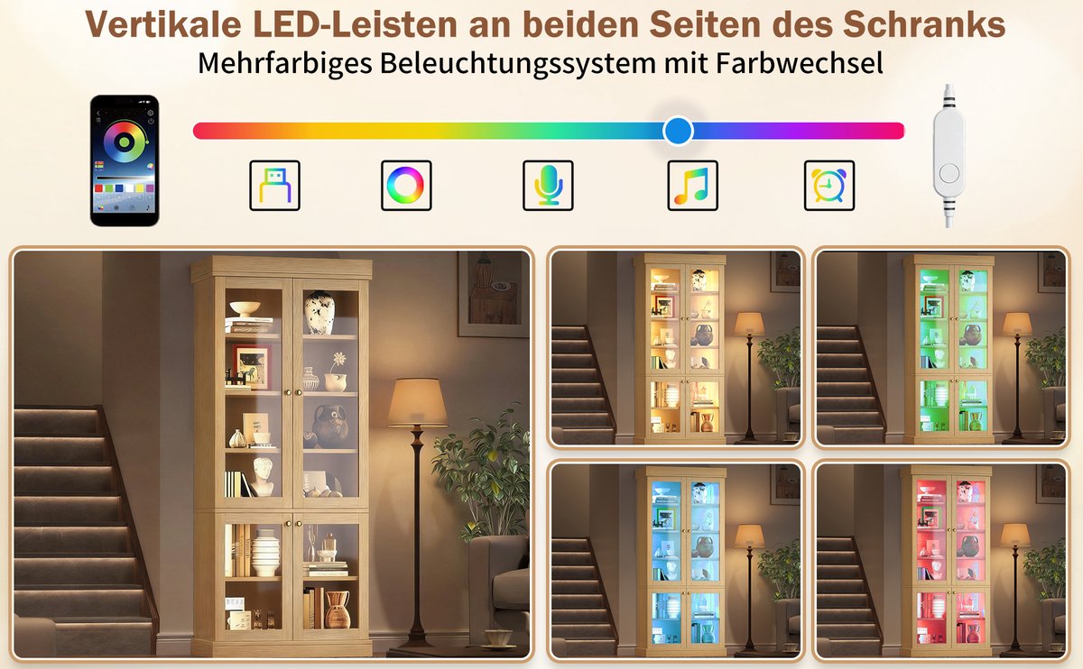 OKWISH Vitrinekast - Met LED-Verlichting En Glasdeuren - 160 x 40 x 180 cm - Verstelbare Planken En Veilig Kantelbeveiliging - MDF Naturel Hout