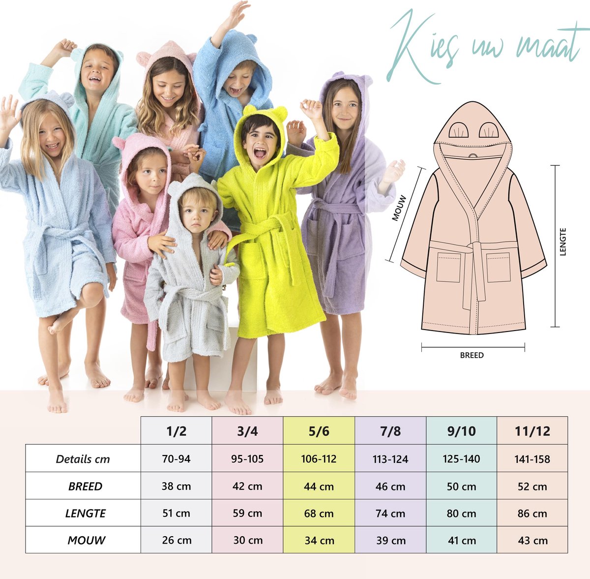 SnelShoppen - Badjas voor Kinderen, Meisjes en Jongens, Uniseks, Met Oren, 100% Katoen, Oeko-Tex®, Roze, 7-8 Jaar, Met 2 Zakken, Riem en Capuchon voor