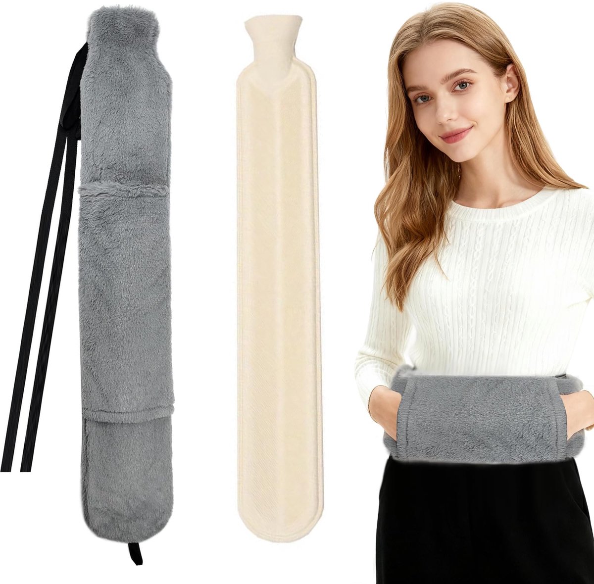 SnelShoppen - Lange Warmwaterkruik 2L met Zachte Hoes, 72 cm Warmwaterkruik voor Hitte en Koeling, Ideaal voor Nek, Schouder, Onderbuik en Rug, Perfec