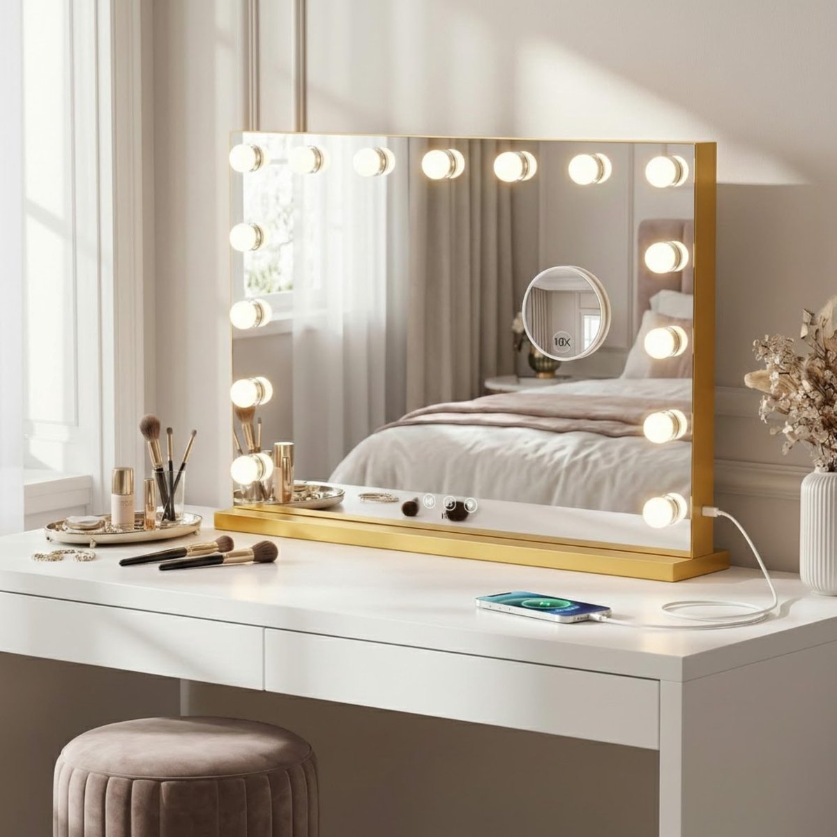 SnelShoppen - Bayt Hollywood Spiegel - Make Up Spiegel met Verlichting - Dimbaar - 10x Vergroting - Gouden Beauty Spiegel voor Thuisgebruik, Feest, en