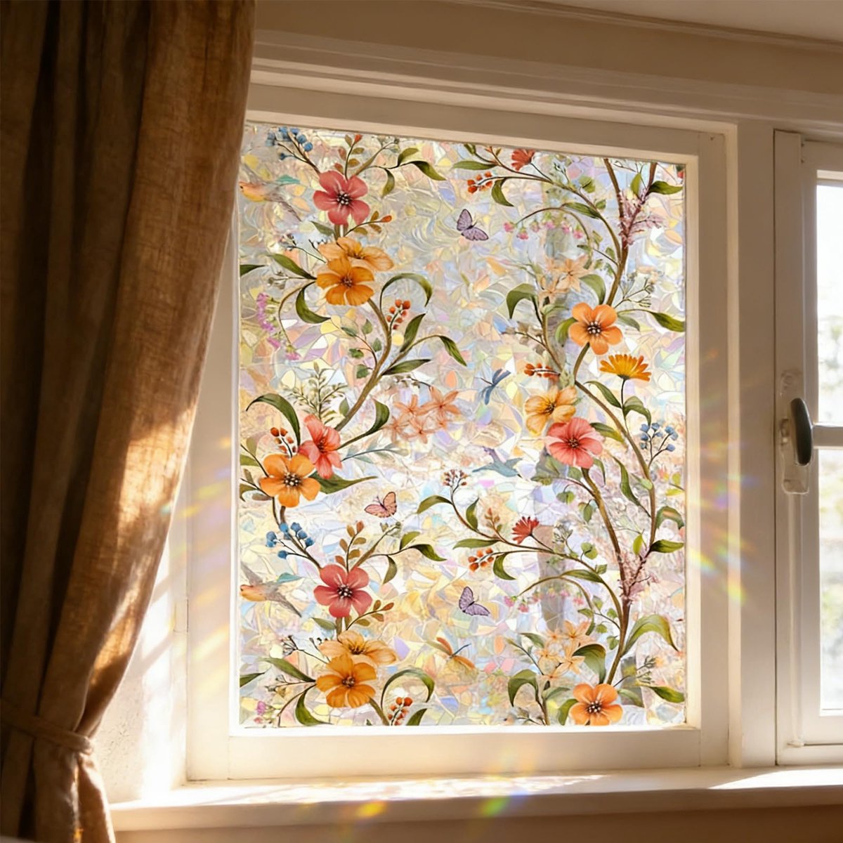 SnelShoppen - Wonninek Bloemenraamfolie met Regenboogeffect, Gebrandschilderd Glas Raamfolie voor Privacy, Vintage Decoratieve Lichtvangst voor Thuis,