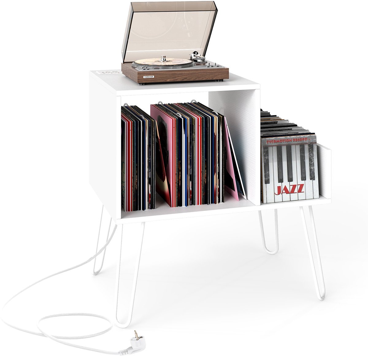 COSTWAY Bijzettafel met Laadstation – Platenstandaard met Tussenschotten & Zijrek, Industriële Nachtkastje met Stopcontact, Vinylhouder voor tot wel 145 Albums (Wit)