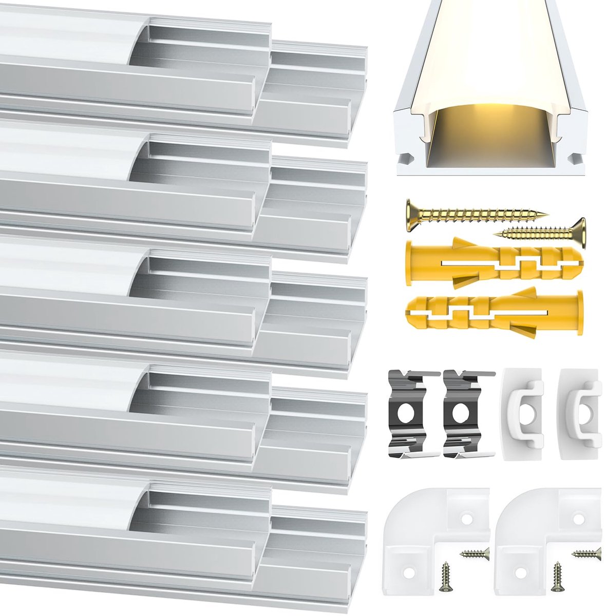 SnelShoppen - Angdarun Led-profiel 10 stuks x 1 m U-vorm Aluminium Profiel voor Led-strip/rail met Melkwitte Afdekking en Montagemateriaal voor Ledstr
