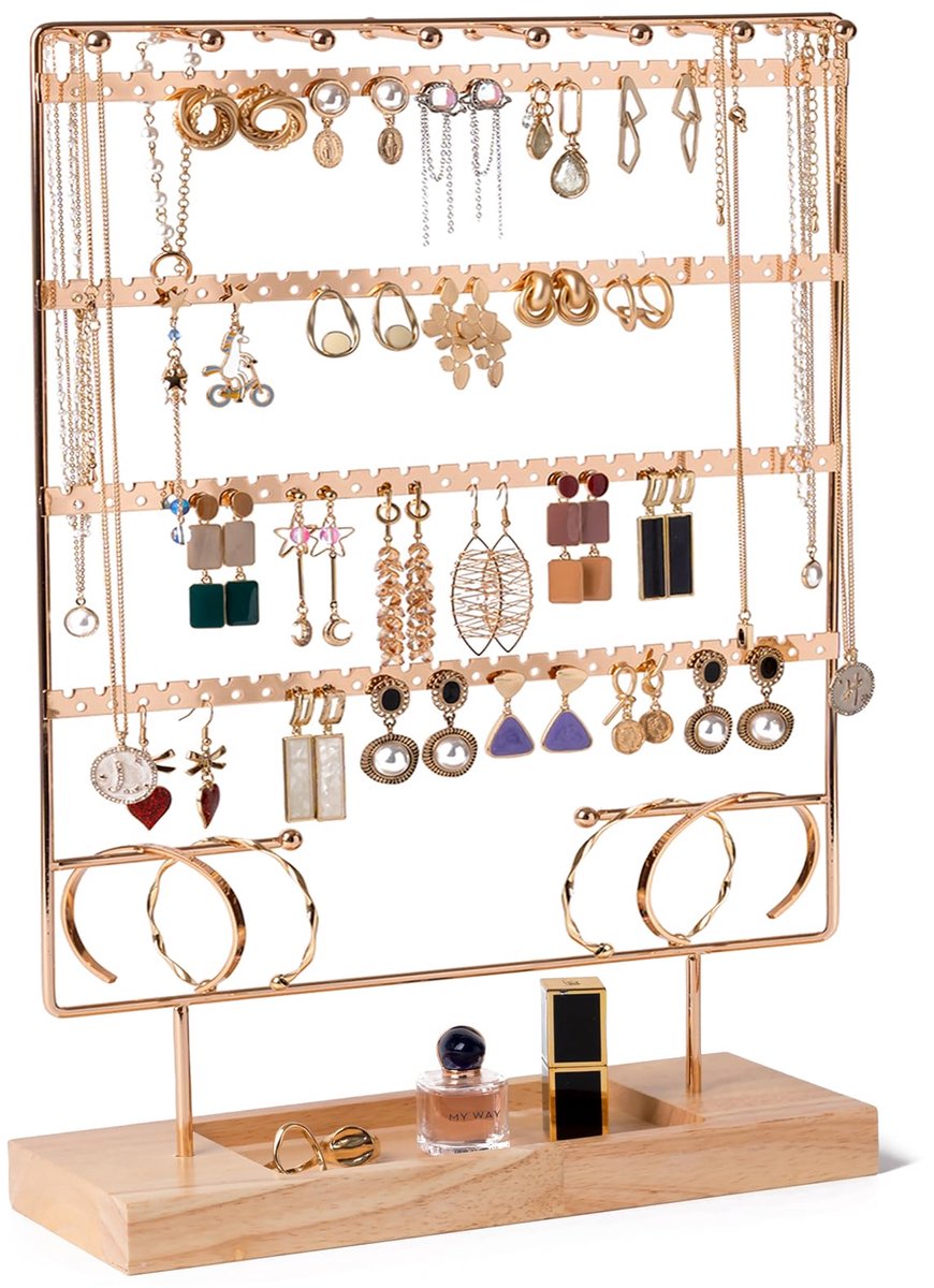 SnelShoppen - Oorbelhouder Organizer met 6 Laags Sieradenhouder, Houten Dienblad, Dubbele Zijden Ketting Display Toren voor Vrouwen en Meisjes - 208 O