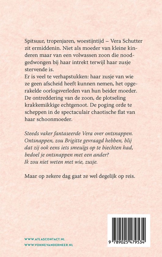 Achterkant boek 'Waar wil je liggen'. Tekst en barcode op perzikroze achtergrond.