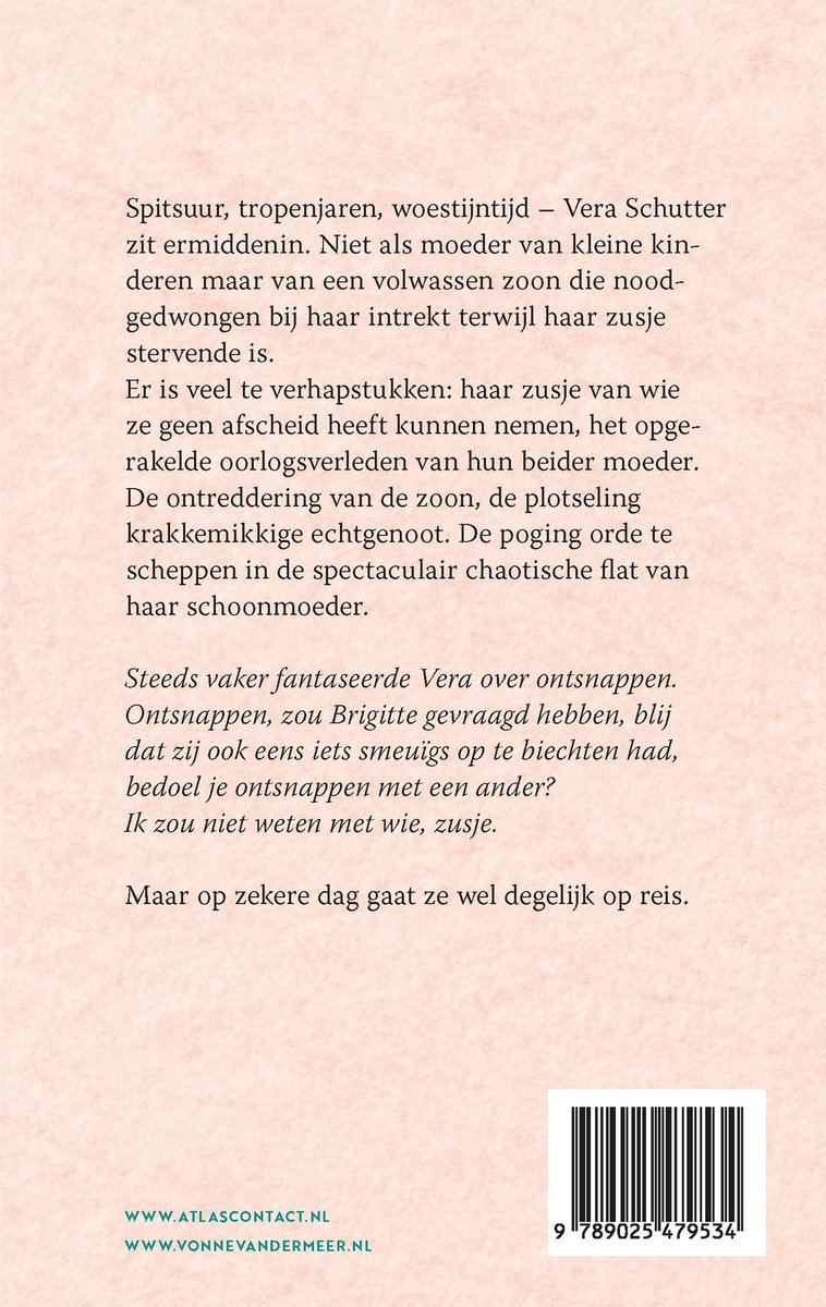 Achterkant boek 'Waar wil je liggen'. Tekst en barcode op perzikroze achtergrond.