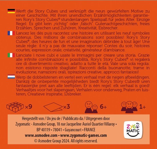 Achterkant van de doos van Rory's Story Cubes met spelinstructies in meerdere talen en iconen voor 9 dobbelstenen, 3 kaarten, leeftijd 6+ en 1+.