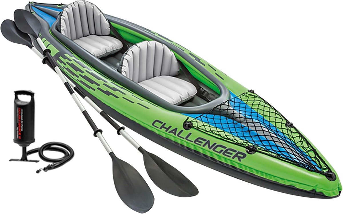 Opblaasbare Kajak 2 Personen, Complete Kajakset met Aluminium Peddels, Handpomp, Draagtas en Zitplaatsen, 351 cm