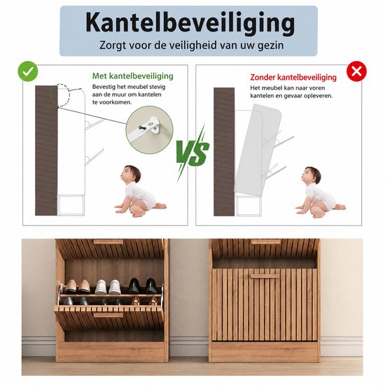 Casa Living Schoenenkast - Schoenenrek - Opbergkast - Kast - 60x24x113cm - Hout - Rotan - Anti kantel - Japandi - Eikenhout