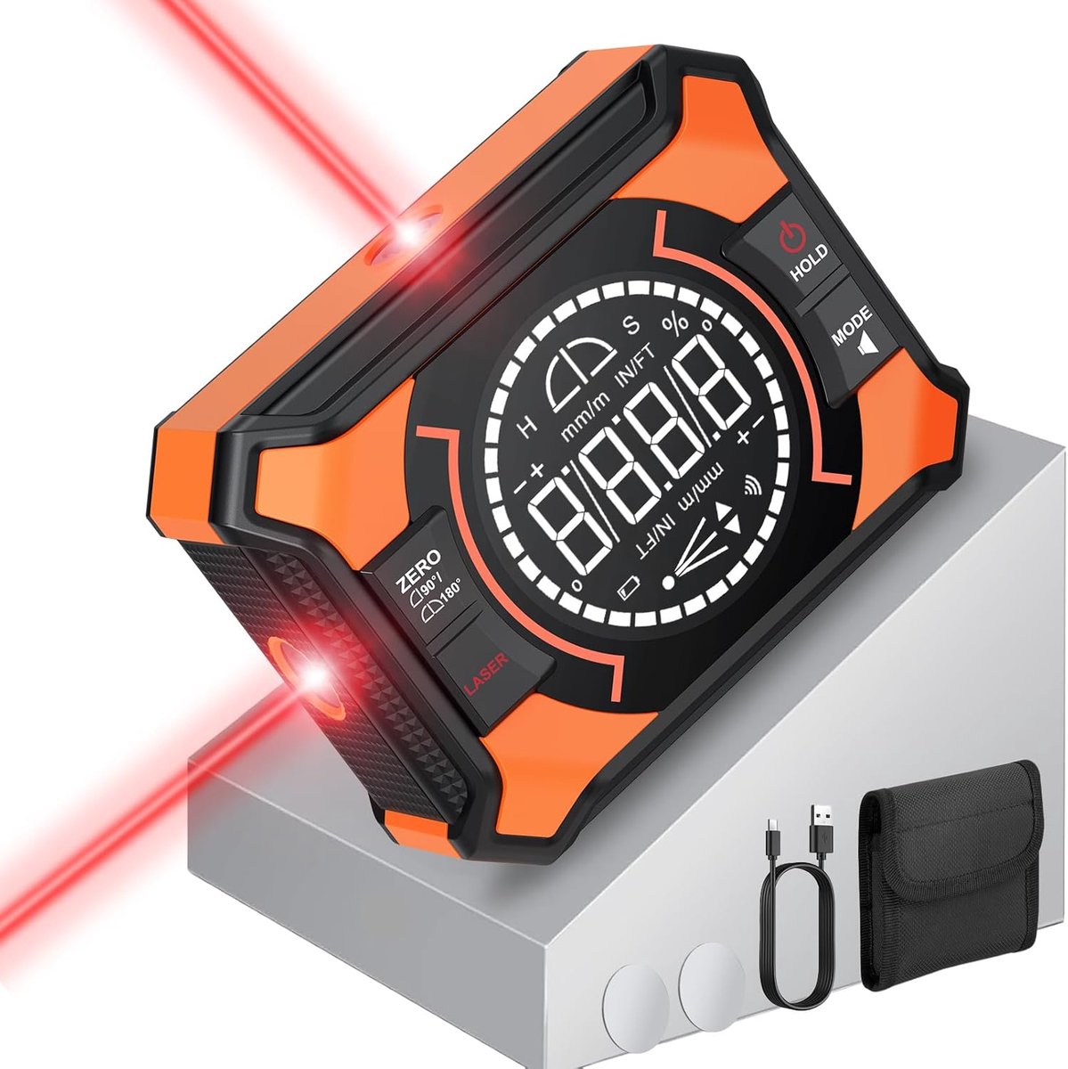 Bobypet - 3-in-1 digitale gradenboog, laserwaterpas met magneet, oplaadbare hoekmeter 0-90° en 0-180°, waterpas met 10 m kruislijnen en laser voor buizen, houtbewerking, ophangsystemen en zagen