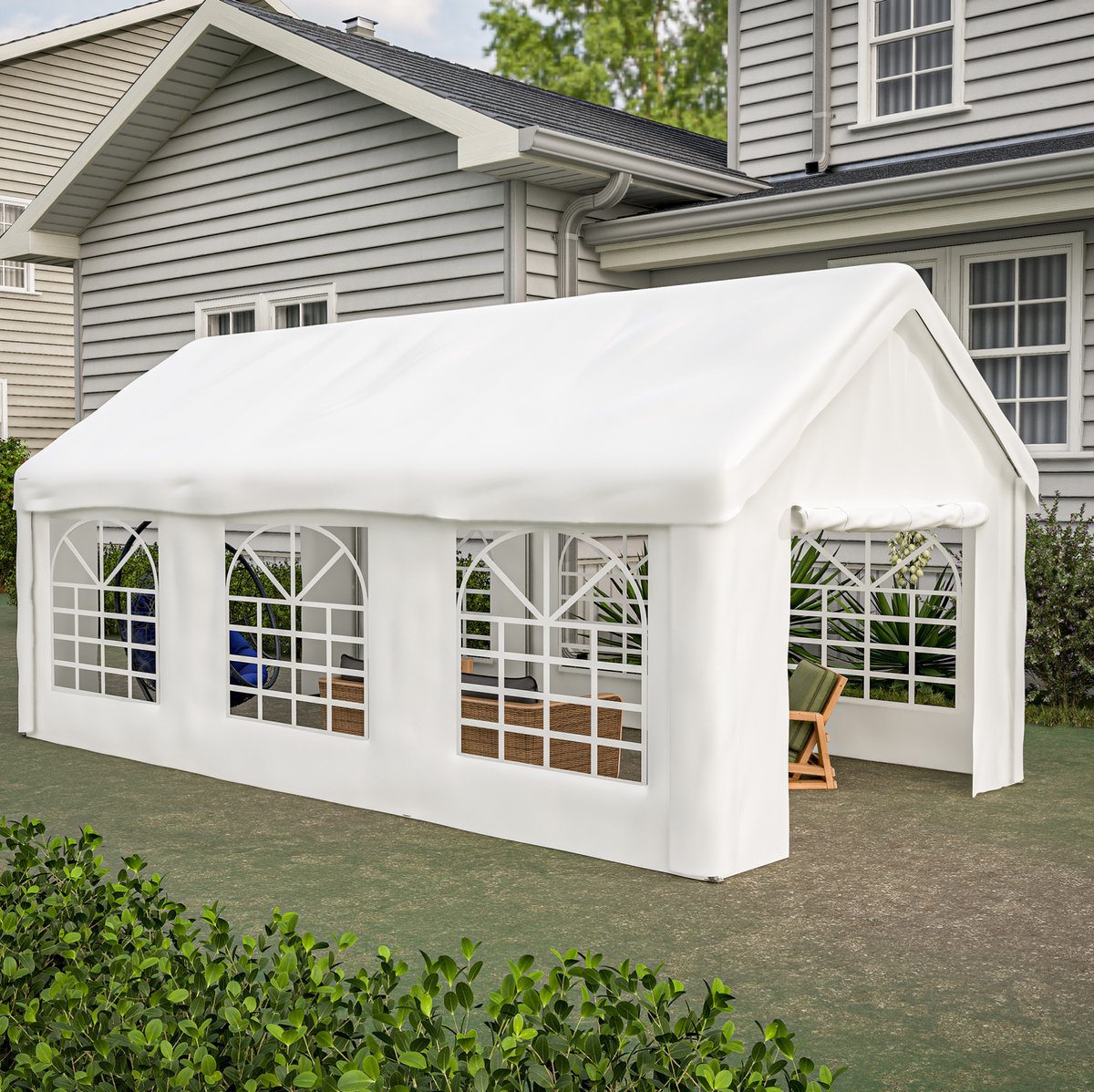 FloraGrace Carport 3 X 6 M Dubbel Inrijdesign Met Rolluiken Voor En Achter Stalen Frame Wit Waterdicht UV Bestendig Afneembaar Dak