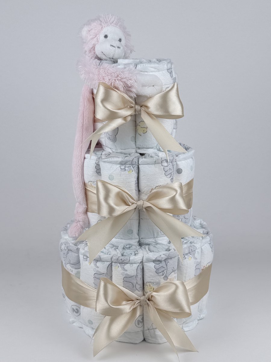 Chouette-Chouette | Luiertaart Meisje | Kraamcadeau | Geboorte Meisje | Babyshower | Tuttle Aap Mickey Pink - Beige