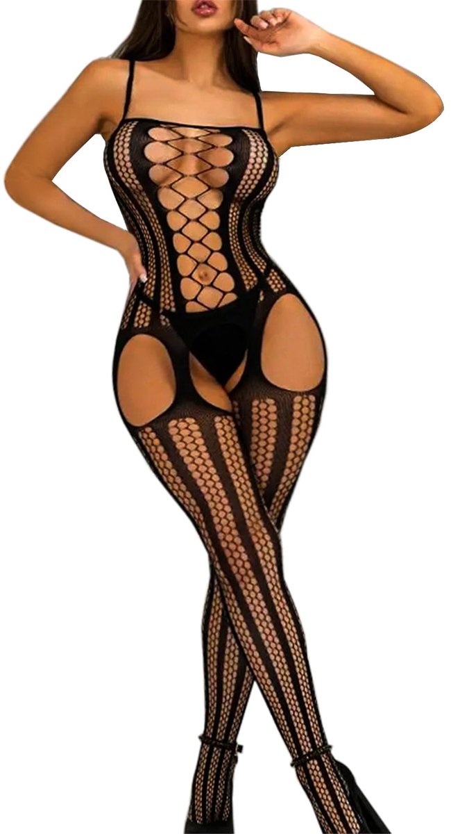 SnelShoppen - Dames visnet bodystocking sexy catsuit met open kruis nachtkleding zwart holle lingerie panty voor speciale gelegenheden, Eén maat