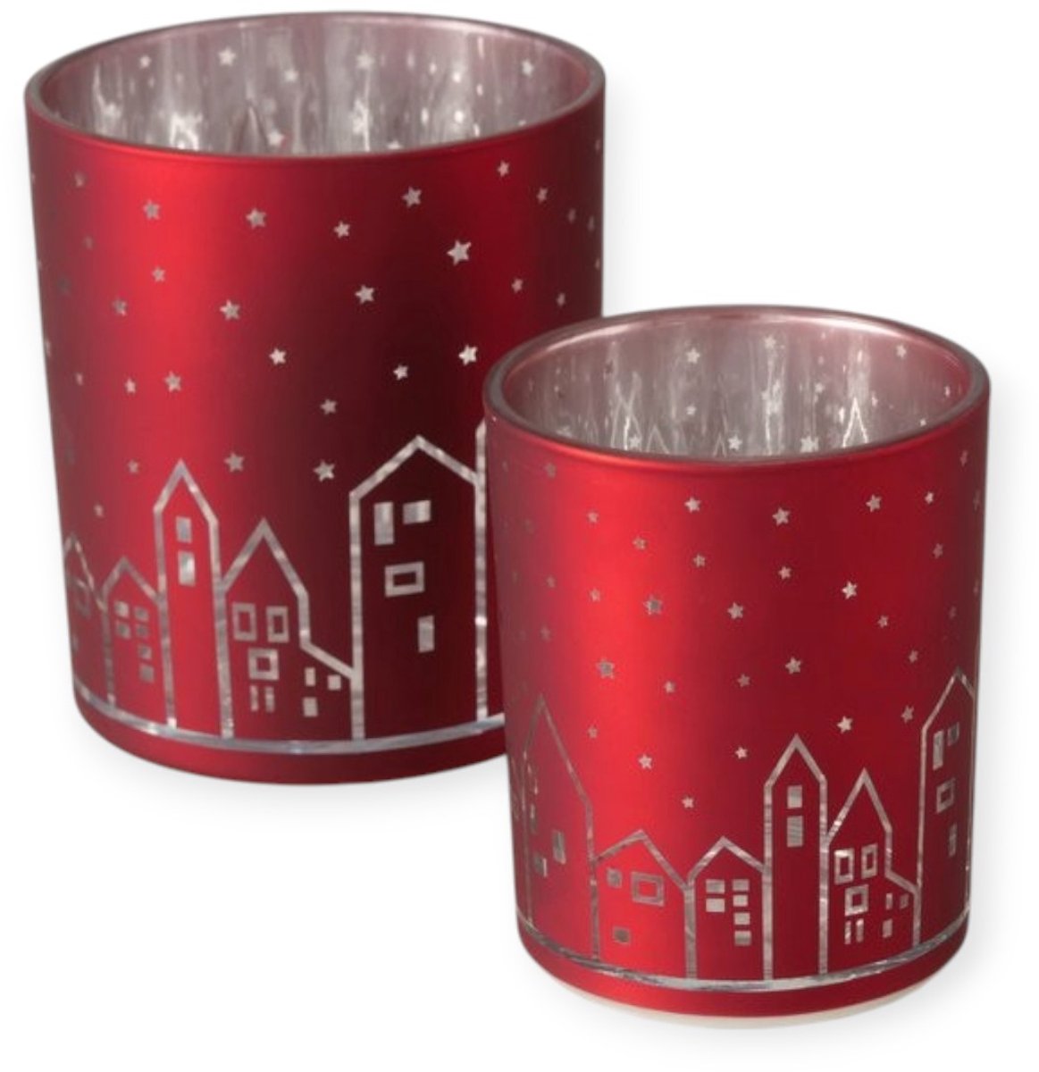 Boltze – Waxinehouder – Set van 2 – Huisjes – Rood - Zilver – 8 en 10 cm hoog – Waxinelichtjes