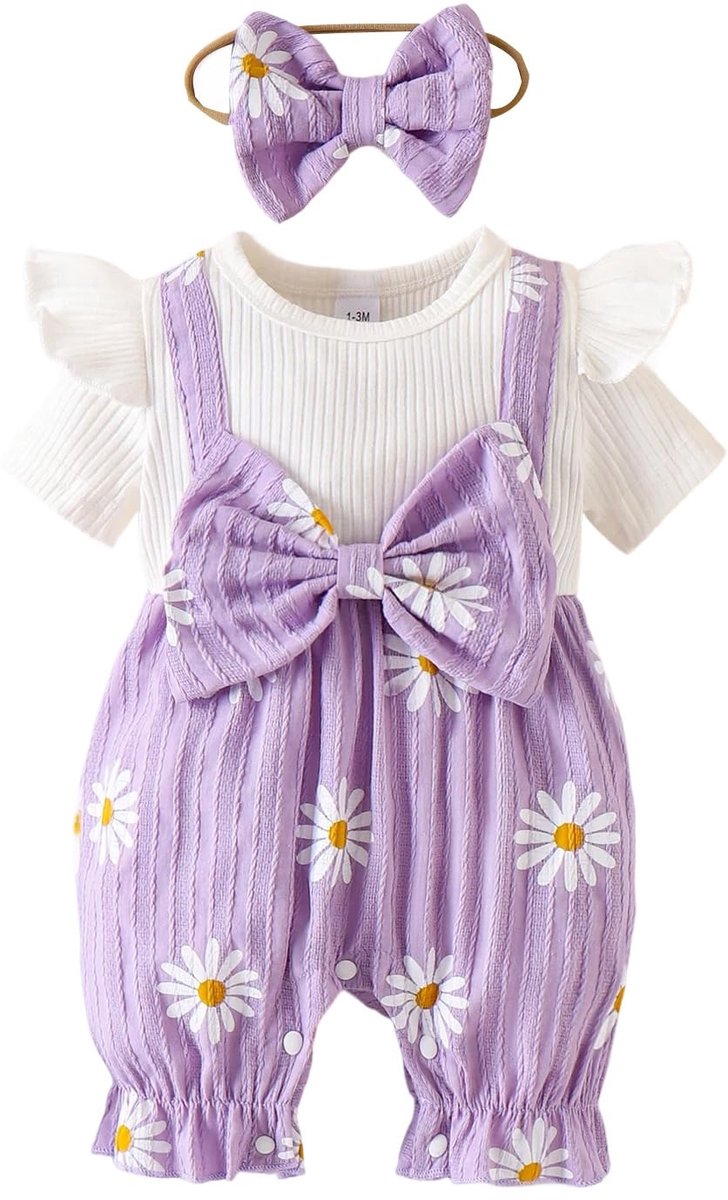 SnelShoppen - Pasgeboren baby meisjes kleding lange mouwen romper met ruches strik, paarse madeliefjes, schattige herfst winter outfits voor 3-6 maand
