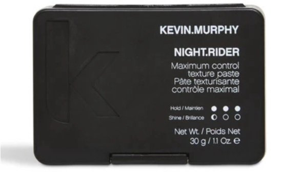 Zwarte KEVIN.MURPHY Night.Rider textuurpasta met "K" logo, met productinformatie en 30g gewicht.