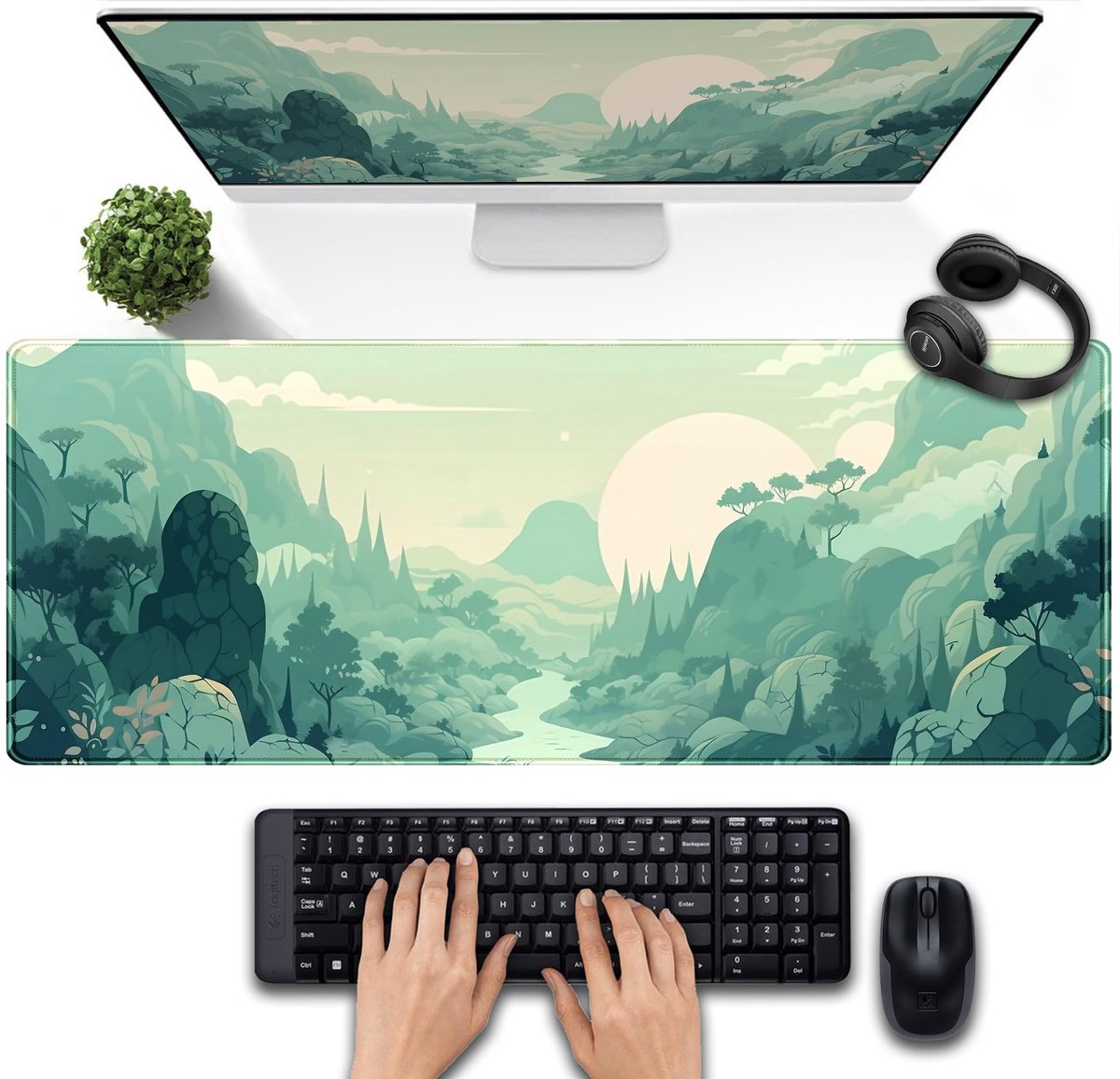 SnelShoppen - XL Gaming Muismat Pastel Mintgroen Bos Salie - Esthetische Zonsopgang Laptop Toetsenbord Mat - Comfortabel Microvezel & Rubber - 80 cm -
