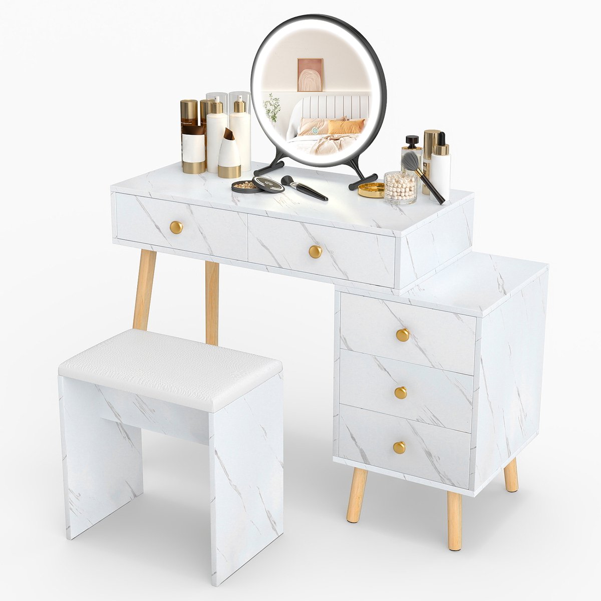 COSTWAY Schminktafel met afneembare LED-spiegel, bijzetkast & gevoet poef, kaptafel met 3 verlichtingsstanden, 5 laden, cosmetica tafel marmerlook & houten poten, 100 x 45 x 116,5 cm