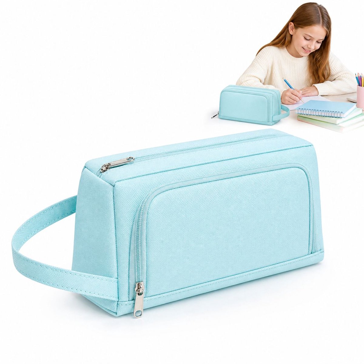 VHV - Etui Groot - Pennenzak met Dubbele Opening en Compartimenten - Blauw voor School, Reizen en Cosmetica