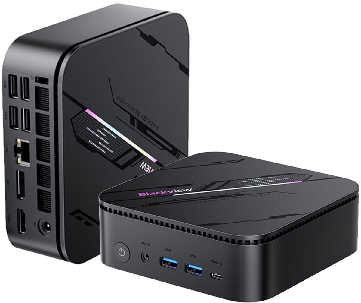 Blackview MP100 Pro Mini PC - 16 GB LPDDR4 - 512 GB M.2 SSD - AMD Ryzen™ 5 7430U - Tot 4,3 GHz - Windows 11 Pro - WiFi 6 - USB 3.1 Type A * 6 - 4K UHD - RGB-verlichting - BT 5.2 - Zwart
