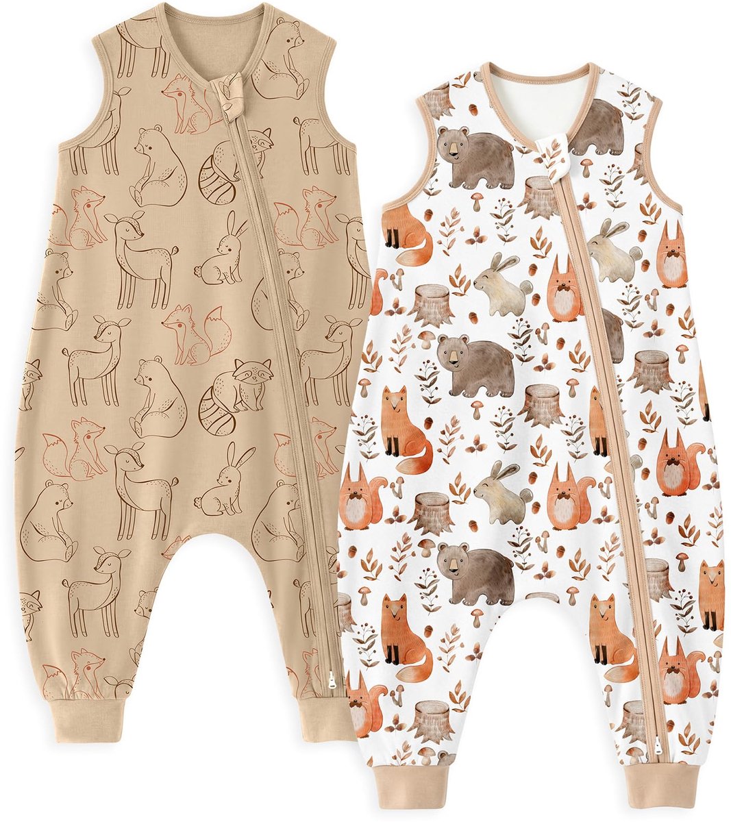 SnelShoppen - Unnivoll Babyslaapzak met Voetjes, Zomer Slaapzak 0,5 TOG, Set van 2 Katoenen Slaapzakken met Benen voor Jongens en Meisjes in Wit en Br