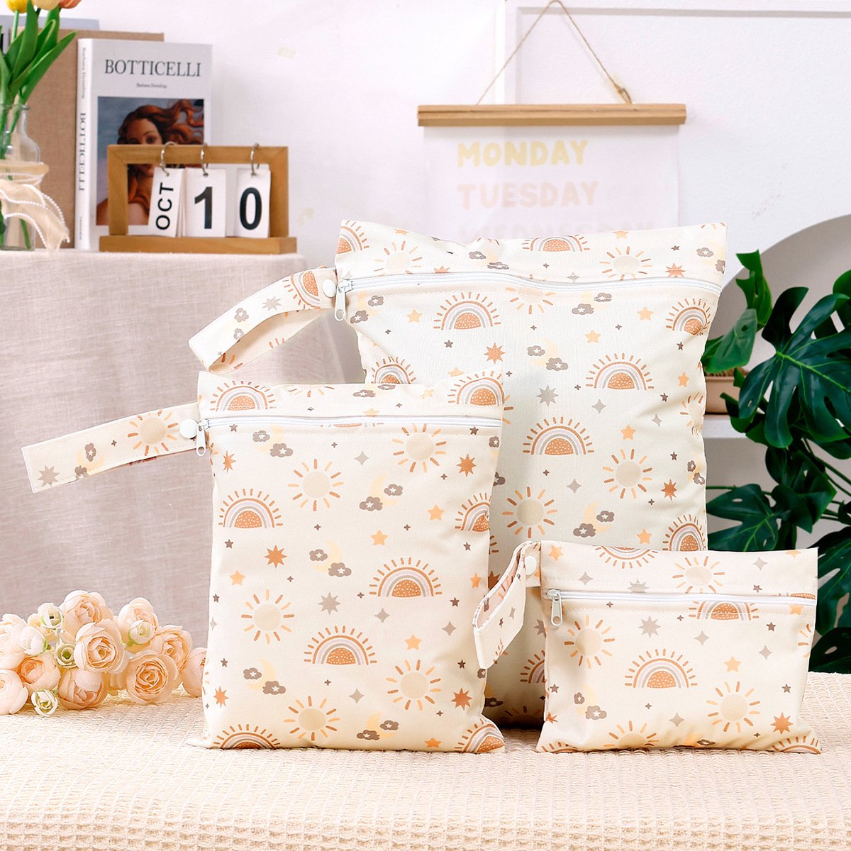 Set van 3 Baby Opbergtassen Zon Regenboog Print | Waterafstotende Ritszakken voor Luiers & Natte Kleding Onderweg