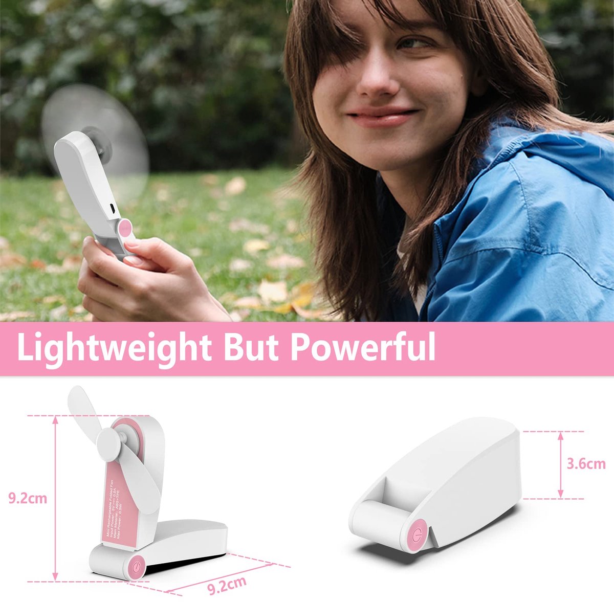 SnelShoppen - Hianjoo USB Mini Handventilator Draagbaar Oplaadbaar, Opvouwbare Ventilator met 2 Snelheden, Roze, Ideaal voor Thuis, Buiten, Kantoor, F
