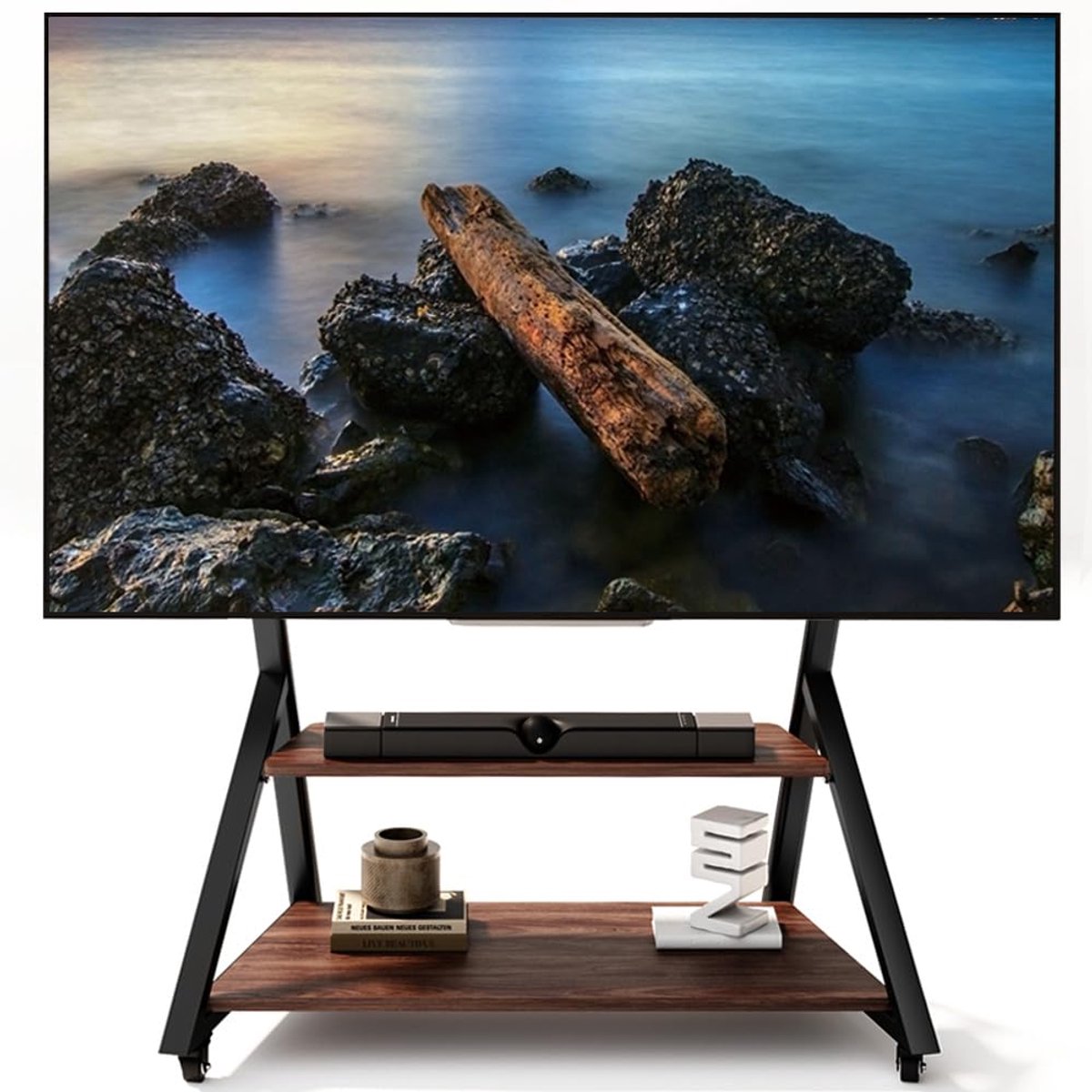 SnelShoppen - Verrijdbaar TV-meubel met Stopcontact, Hoogte Verstelbaar, Wieltjes, Houten Plank voor TV's van 55-100 Inch, Draagvermogen tot 100 kg, V