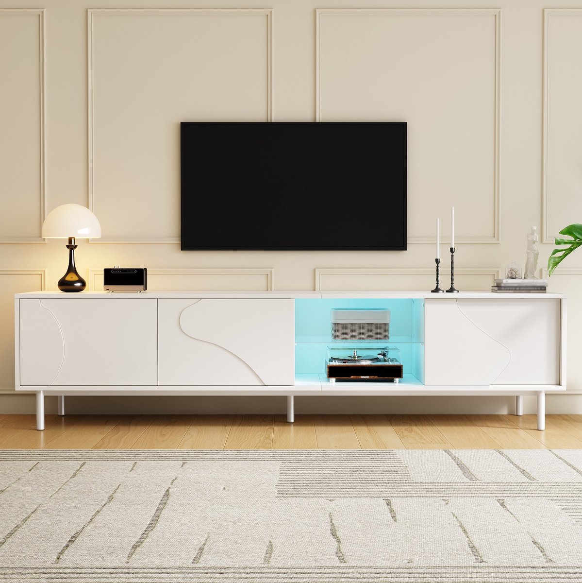 STILVORA Tv Meubel - Schuifdeuren Met App Bedienbare Ledverlichting - Minimalistisch Voor Woonkamer - Mdf Metaal Glas - Wit - 180x40x45 Cm