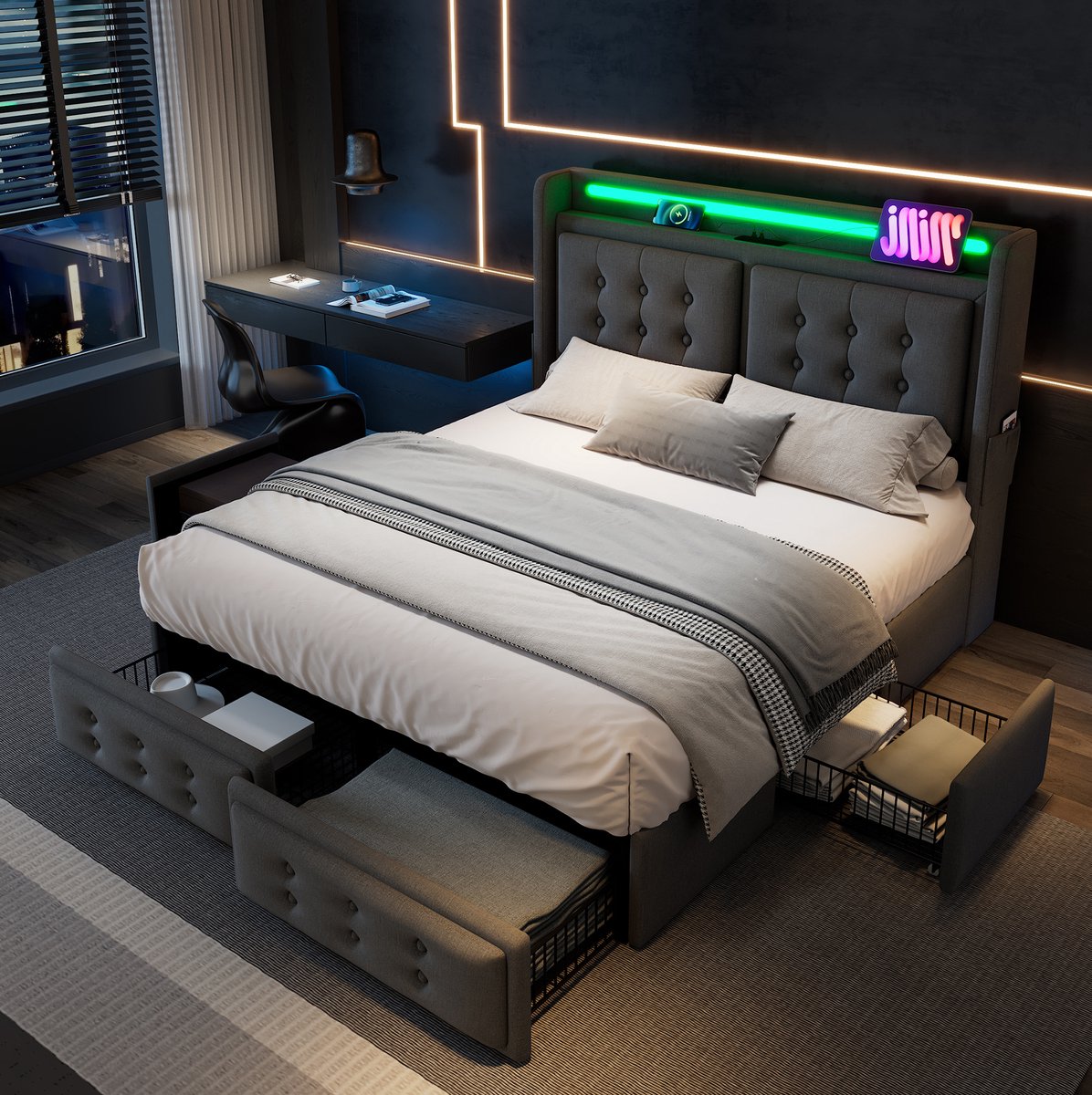 MODFU Grijs - Tweepersoons Bed Met Led - Usb-C - 4 Lades - Opbergruimte - 180X200 Cm